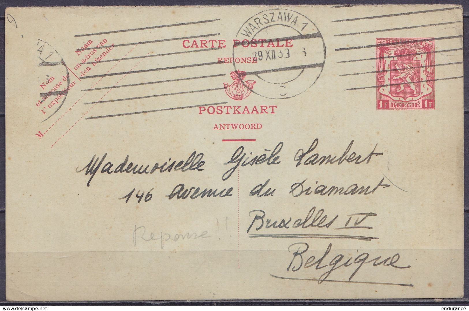 EP CP 1F Rouge (Petit Sceau De L'Etat) Partie "Réponse" Flam. WARSZAWA /29 IIX 1939 Pour BRUXELLES IV - Postcards 1934-1951
