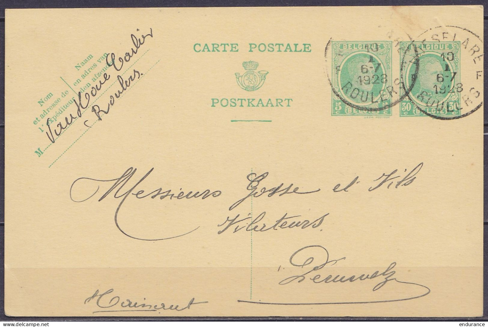 EP CP 30c + 5c Vert Houyoux Càd ROESELAERE /10 I 1928/ ROULERS Pour PERUWELZ - Postcards 1909-1934