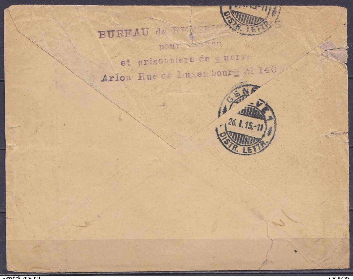 Env. En Franchise Càpt ARLON /23.I.1915 Du Bureau De Renseignement Prisonniers De Guerre Pour Croix Rouge à GENEVE - Gri - Prigionieri