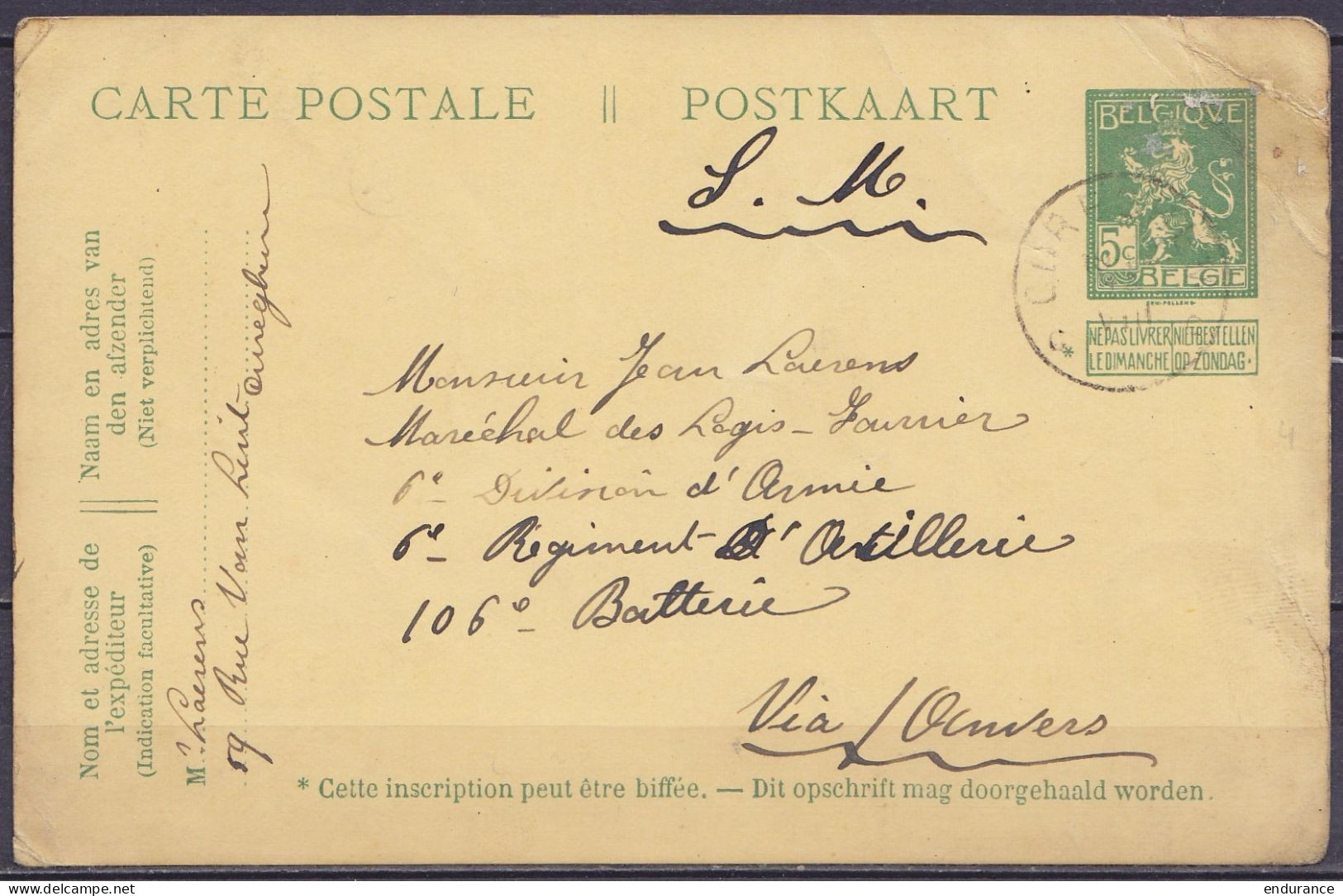 EP CP 10c Vert (type N°110 Pellens) Càd CUREGHEM /14 VIII 1914 (peu De Temps Avant Guerre) Pour Militaire Du 6e Régiment - Briefkaarten 1909-1934