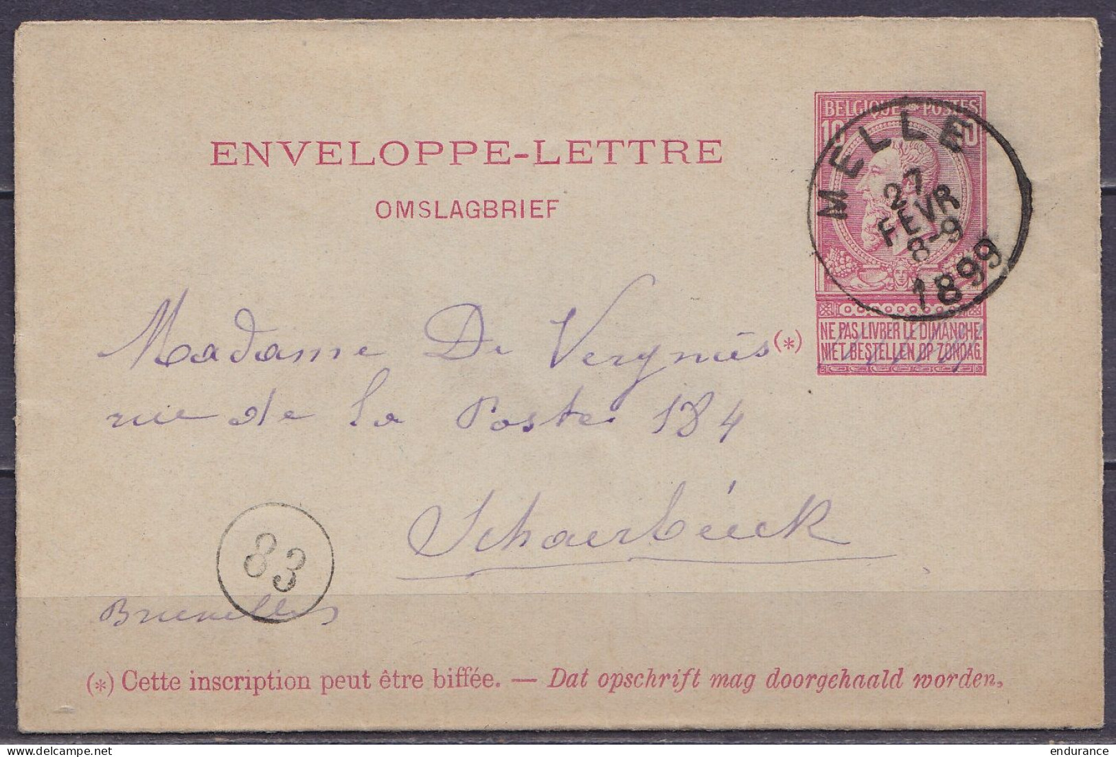 EP Enveloppe-lettre 10c Rose (type N°46) Càd MELLE /27 FEVR 1899 Pour SCHAERBEEK (au Dos: Càd Arrivée BRUXELLES 1) - Buste-lettere