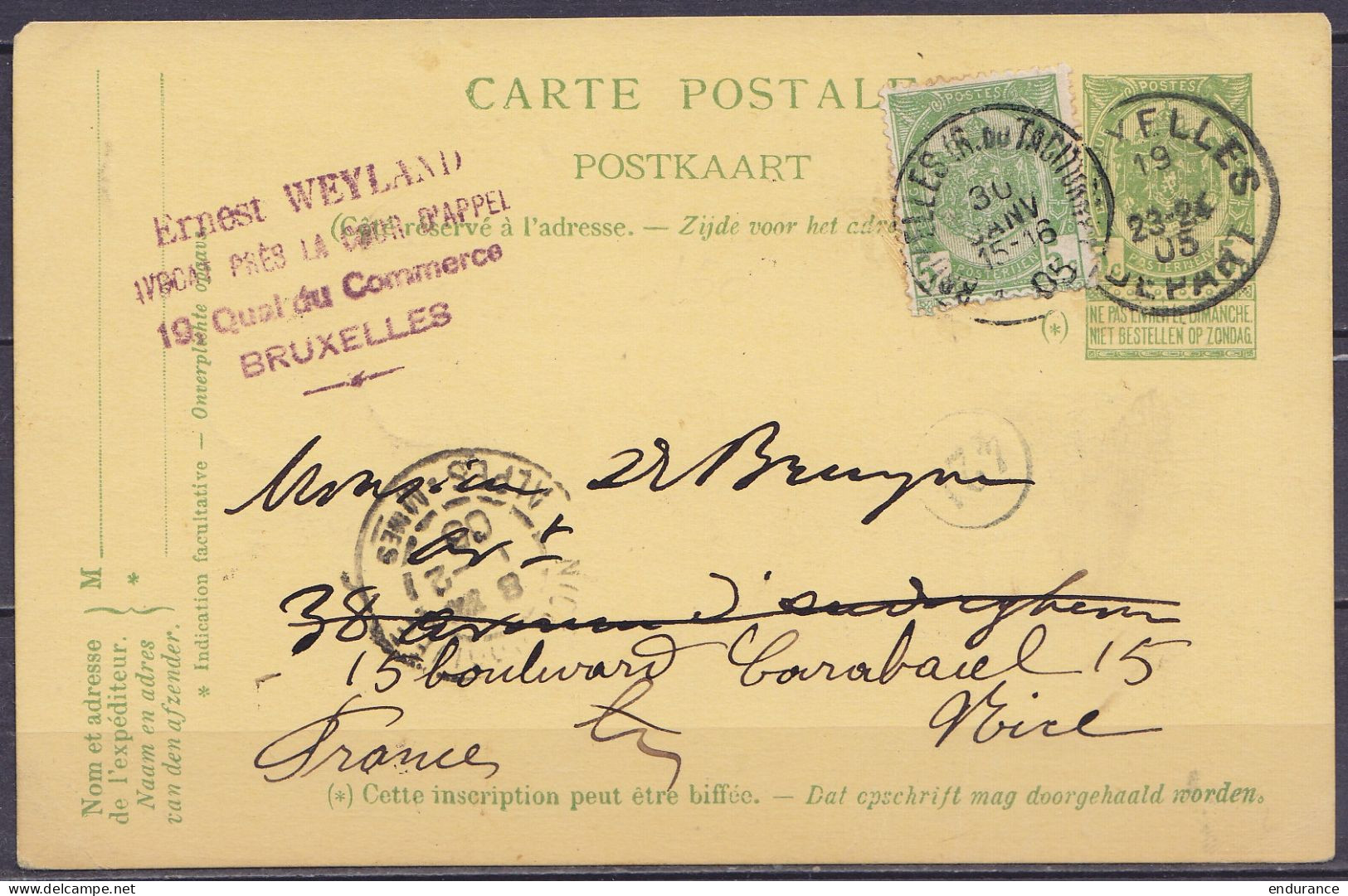 EP CP 10c Vert (type N°56) Càd "BRUXELLES /19 JANV 1905/ DEPART" Pour E/V, Réaffr. N°56 Càd "BRUXELLES (R. Du TACITURNE) - Postkarten 1871-1909