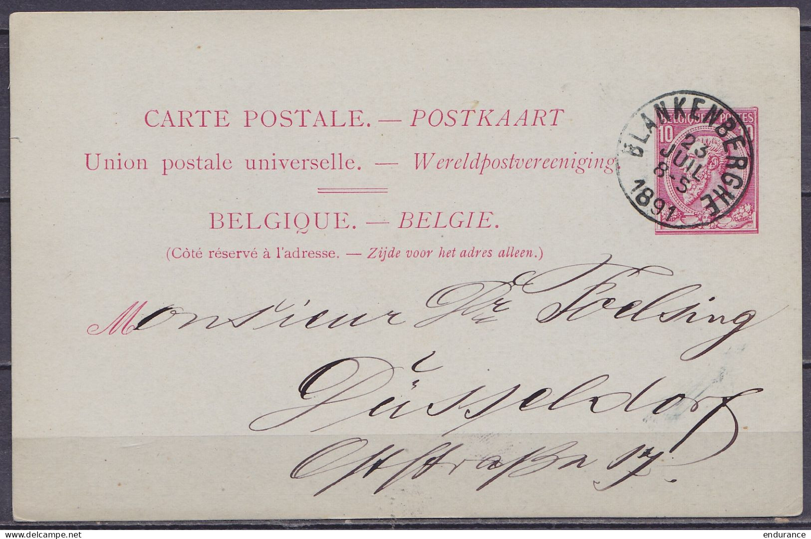 EP CP 10c Rose (type N°46) Càd BLANKENBERGHE /23 JUIL 1891 Pour DÜSSELDORF (Allemagne)  - Postcards 1871-1909