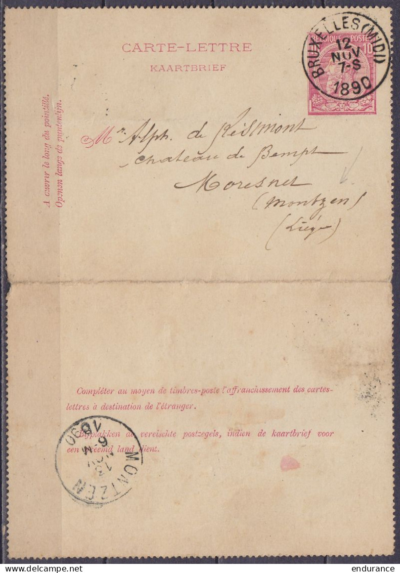 EP Carte-lettre 10c Rose (type N°46) Càd BRUXELLES (MIDI) /12 NOV 1890 Pour Château De Bempt à MORESNET Montzen (au Dos: - Carte-Lettere