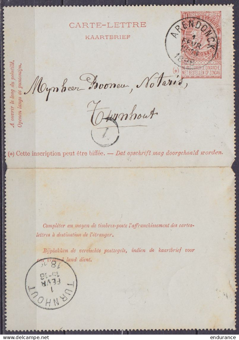 EP Carte-lettre 10c Rouge-brun (type N°57) Càd ARENDONCK /1 FEVR 1898 Pour TURNHOUT (au Dos: Càd Arrivée TURNHOUT) - Kartenbriefe