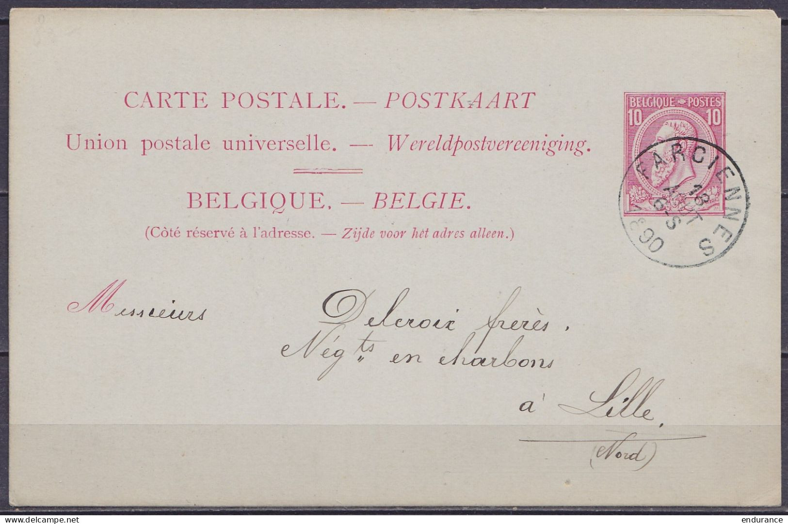 EP CP 10c Rose (type N°46) Càd FARCIIENNES /18 AOUT 1890 Pour Négociant En Charbons à LILLE - Postcards 1871-1909