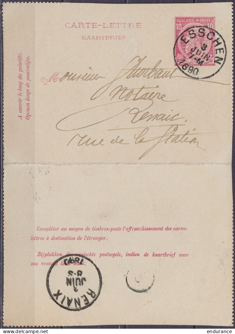 EP Carte-lettre 10c Rose (type N°46) Càd ESSCHEN /3 JUIN 1890 Pour RENAIX (au Dos: Càd Arrivée RENAIX) - Cartes-lettres