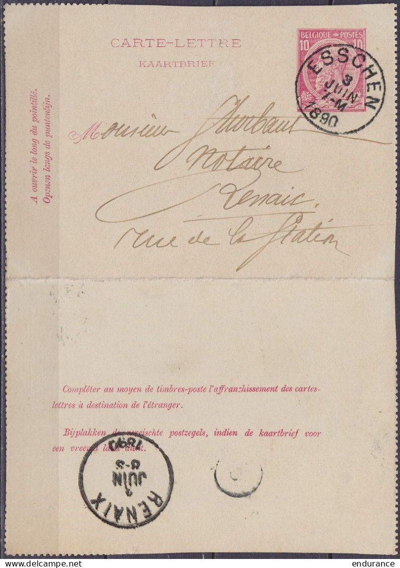 EP Carte-lettre 10c Rose (type N°46) Càd ESSCHEN /3 JUIN 1890 Pour RENAIX (au Dos: Càd Arrivée RENAIX) - Kartenbriefe