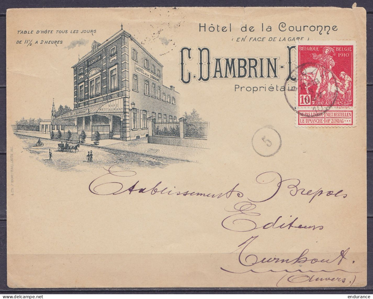 Env. Illustrée "Hôtel De La Couronne C.Dambrin" Affr. N°91 Càd LEUZE /8 NOV 1910 Pour TURNHOUT (au Dos: Càd Arrivée TURN - 1910-1911 Caritas