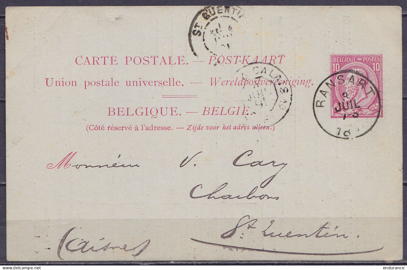 EP CP 10c Rose (type N°46) Repiqué "Houillères Unies Du Bassin De Charleroi" Càd RANSART 3 JUIL 1891 Pour St-QUENTIN (Ai - Cartes Postales 1871-1909