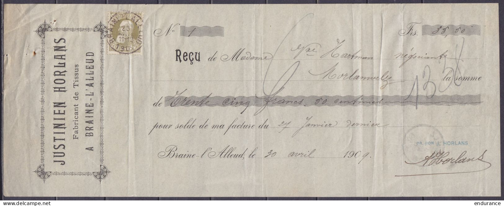 Reçu "Fabricant De Tissus Horlans" Affr. N°75 Càd BRAINE L'ALLEUD /23 AVRIL 1909 Pour Négociant à MORLANWELZ (au Dos: Cà - 1905 Thick Beard