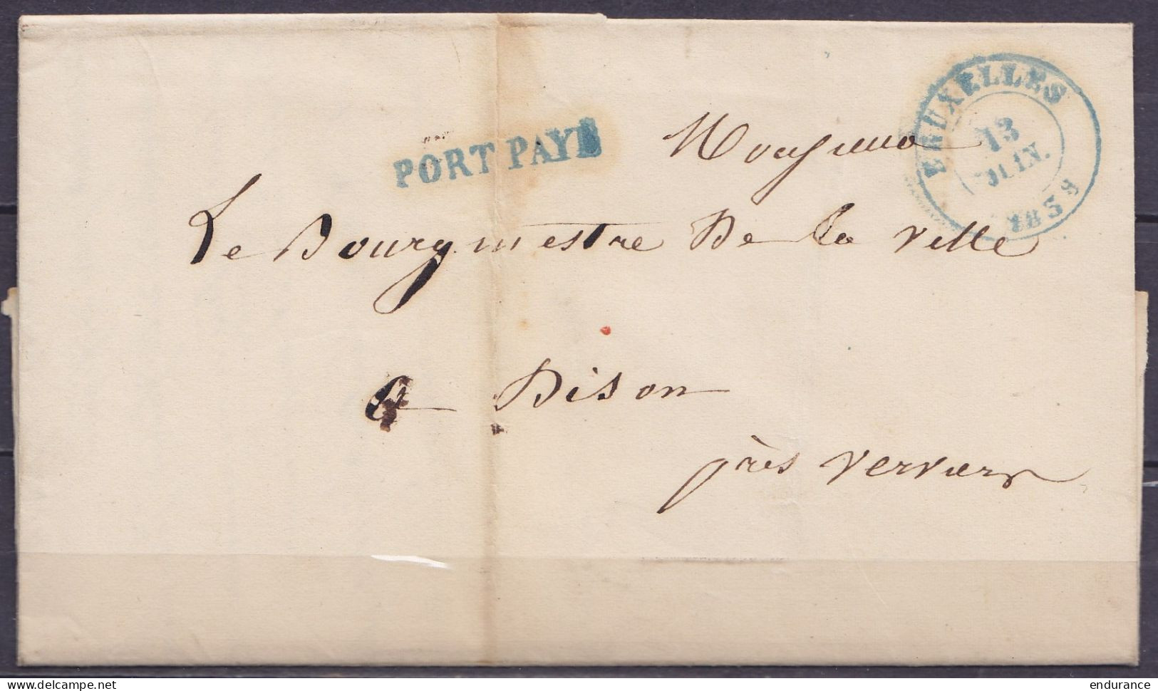 L. Càd Bleu BRUXELLES /13 JUIN 1838 Pour DISON Près VERVIERS - Griffe "PORT PAYE" (au Dos: Càd Arrivée T18 DISON /15/VI) - 1830-1849 (Belgique Indépendante)