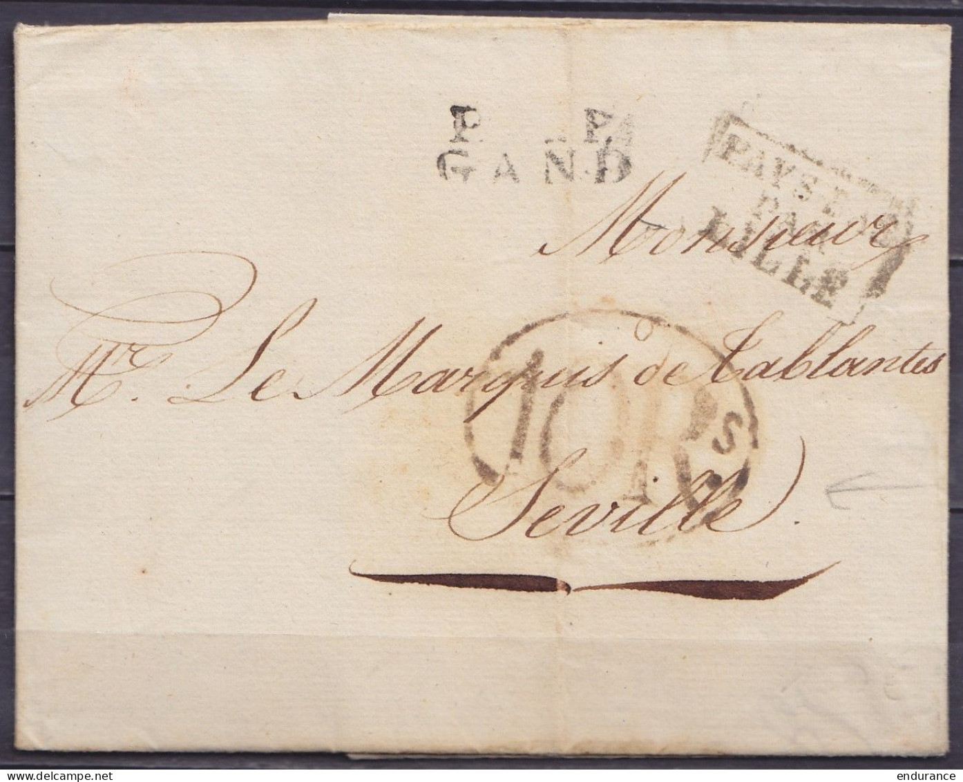 L. Datée 27 Août 1822 De GAND Pour SEVILLE Espagne - Griffes [PAYS-BAS /PAR/ LILLE] & "P__P/ GAND" - Taxe Espagnole (10R - 1815-1830 (Periodo Holandes)