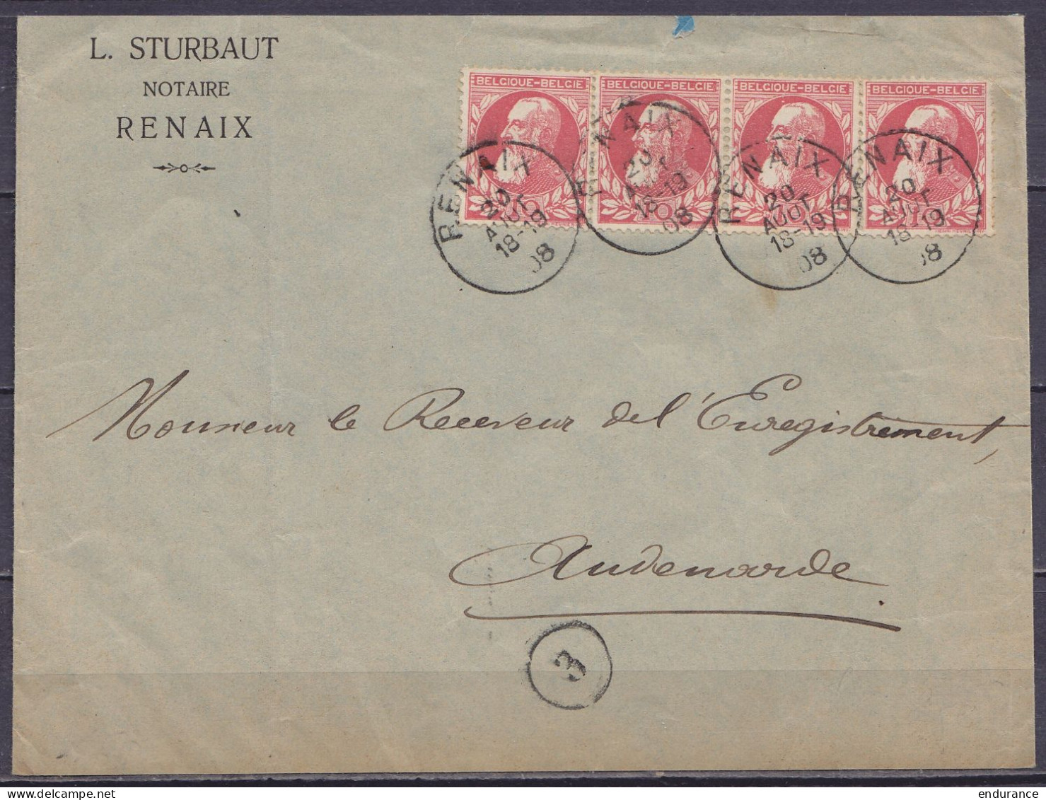 Env. Notaire Sturbaut Affr. 4x N°74 Càd RENAIX /20 AOUT 1908 Pour AUDENAERDE (au Dos: Càd Arrivée AUDENAERDE) - 1905 Barba Grossa