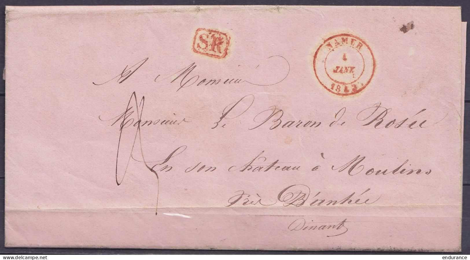 L. Datée 4 Janvier 1843 De AUVELAIS Càd NAMUR /4 JANV. 1843 Pour Baron De Rosée En Son Château à MOULINS Près D'Anthée D - 1830-1849 (Belgique Indépendante)