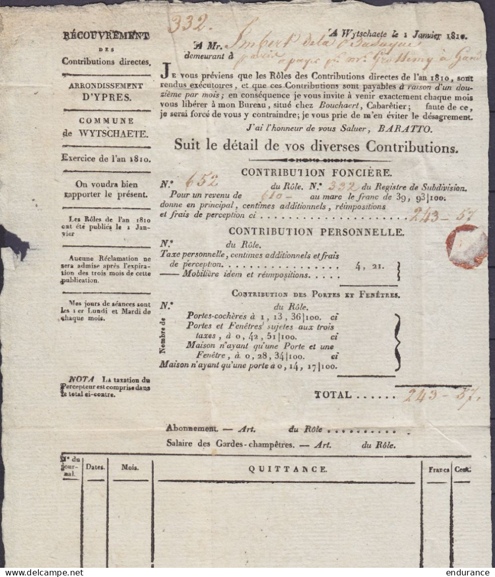 L. "Recouvrement Des Contributions Directes" Datée 1 Janvier 1810 De WYTSCHAETE Pour GAND - Griffe "91/ YPRES" - 1794-1814 (Franse Tijd)