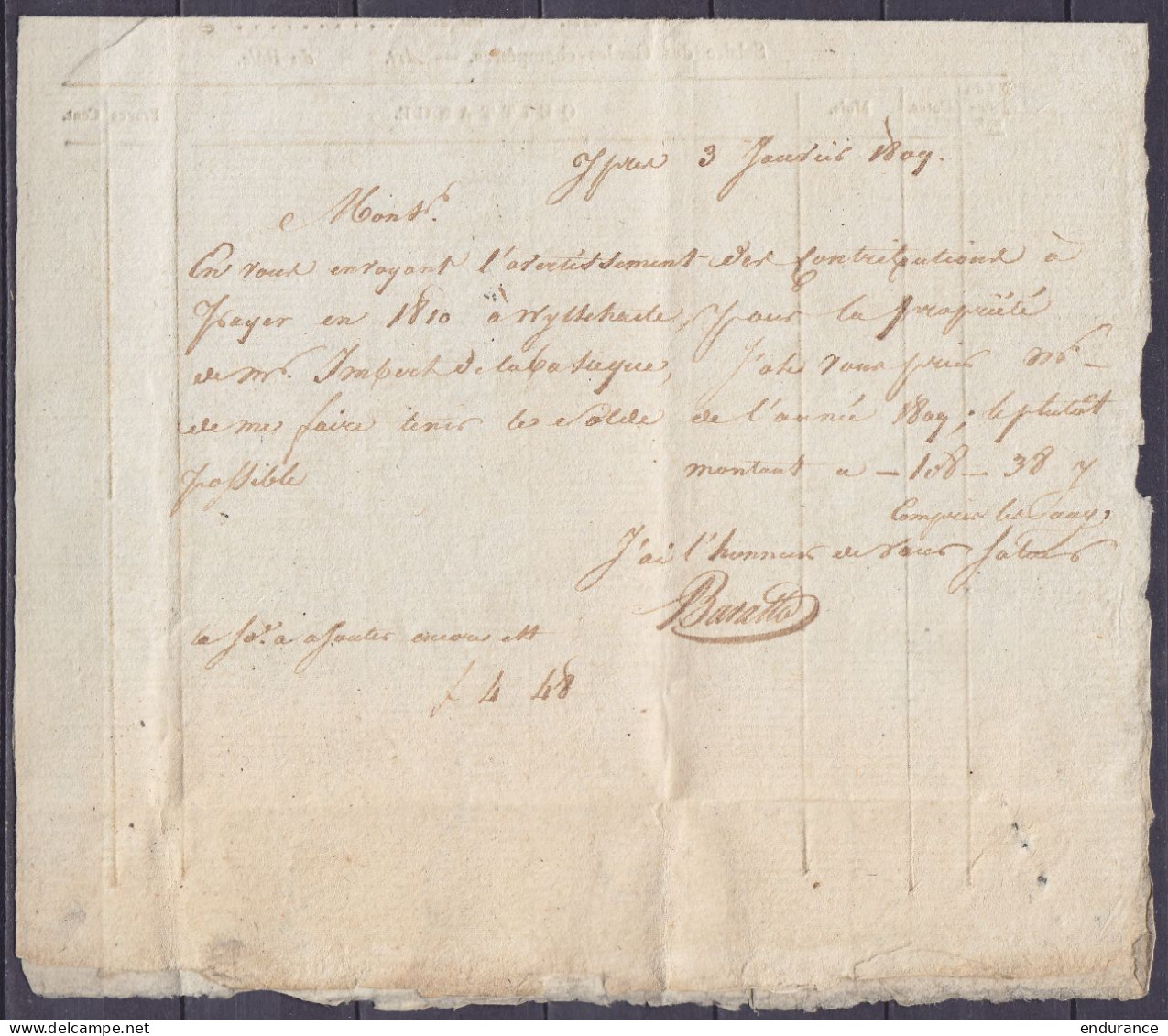 L. "Recouvrement Des Contributions Directes" Datée 1 Janvier 1810 De WYTSCHAETE Pour GAND - Griffe "91/ YPRES" - 1794-1814 (Periodo Frances)