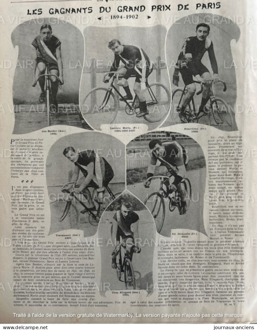 1902 CYCLISME - LES GAGNANTS DU GRAND PRIX DE PARIS DE 1894 À 1902 - LA VIE AU GRAND AIR - 1900 - 1949