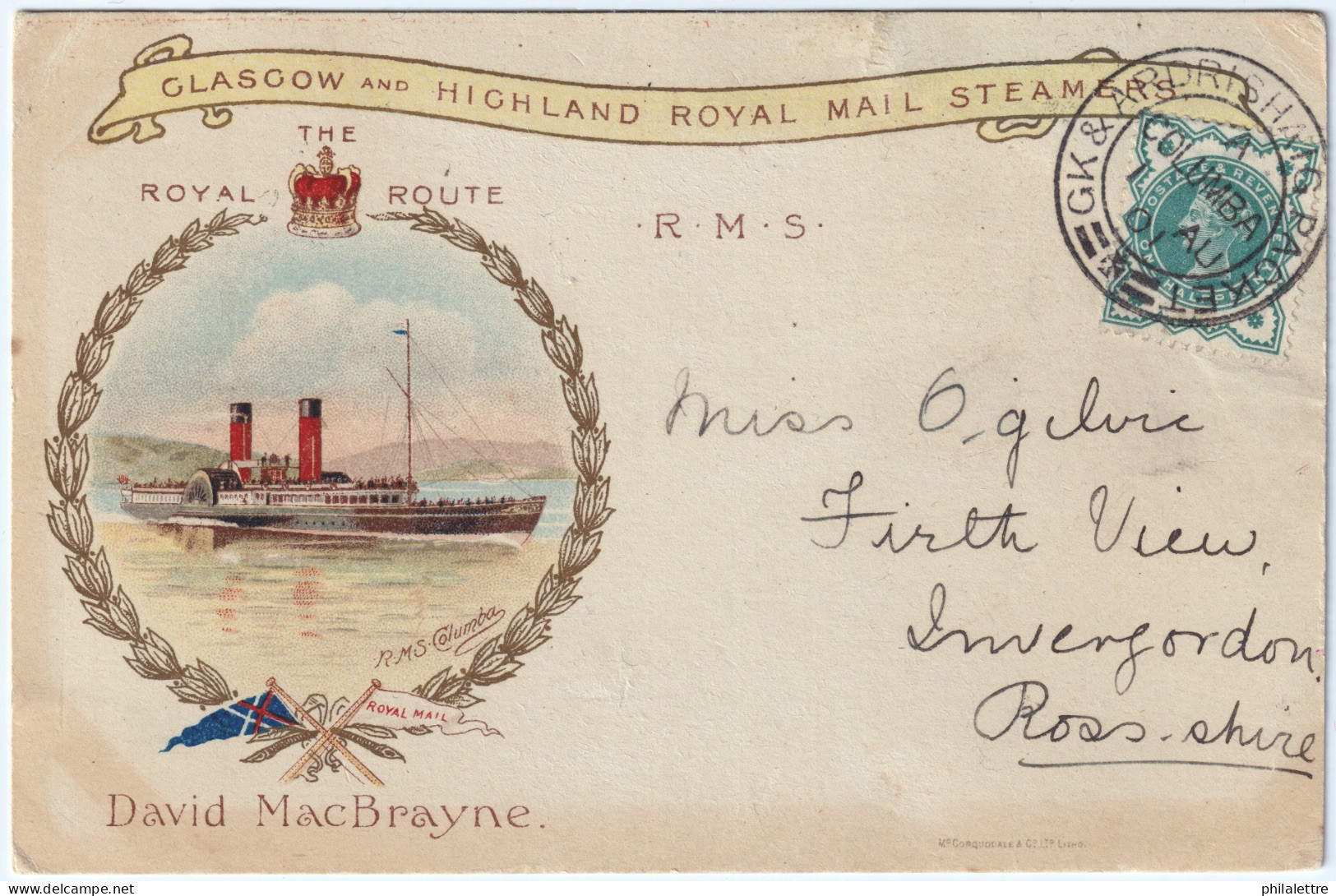 GB / Scotland - 1901 Type 14/107 "GK & ARDRISHAIG PACKET / A / COLUMBA " Date Stamp On MS Columbia Post Card - Marcophilie