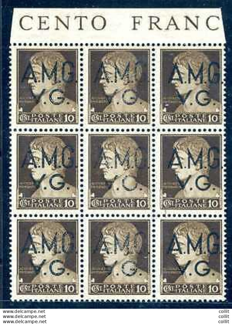 AMG.VG. - Imperiale Cent. 10 Blocco Di Nove Soprastampa Molto Debole - Ungebraucht