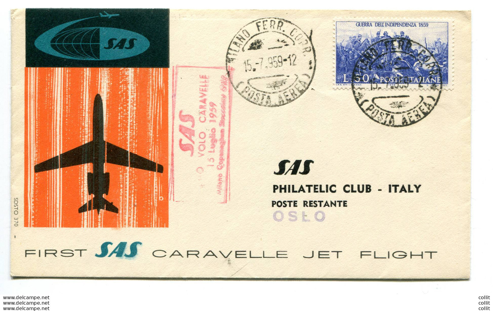 Primo Volo SAS Milano-Oslo Del 15/7/59 - Poste Aérienne