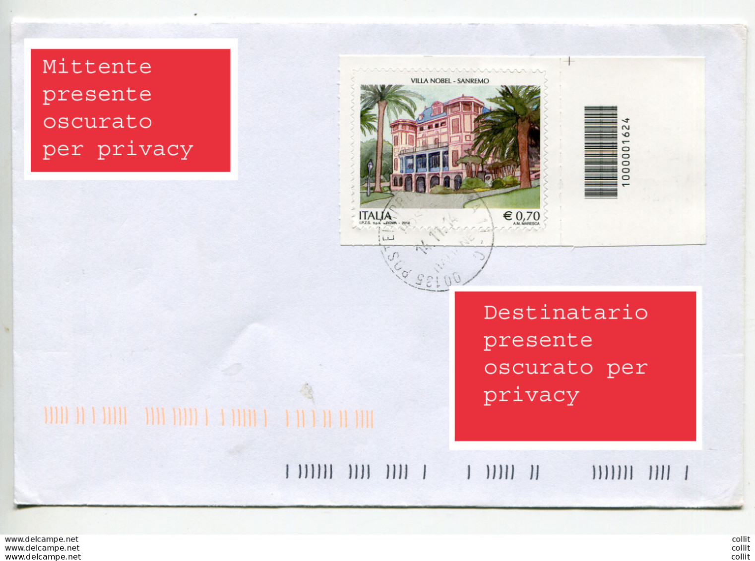 Villa Nobel Di Sanremo Con Codice A Barre Isolato Su Busta - 1946-60: Poststempel