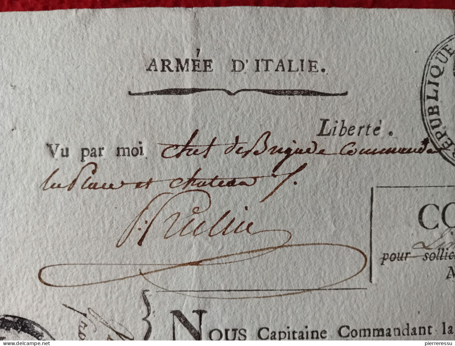 DIPLOME CONGE LIMITE A PIERRE XAVIER DE PIRAJOUX ARMEE D'ITALIE COMPAGNIE DES VETERANS 1798 VIGNETTE CACHET AUTOGRAPHES - Diploma's En Schoolrapporten