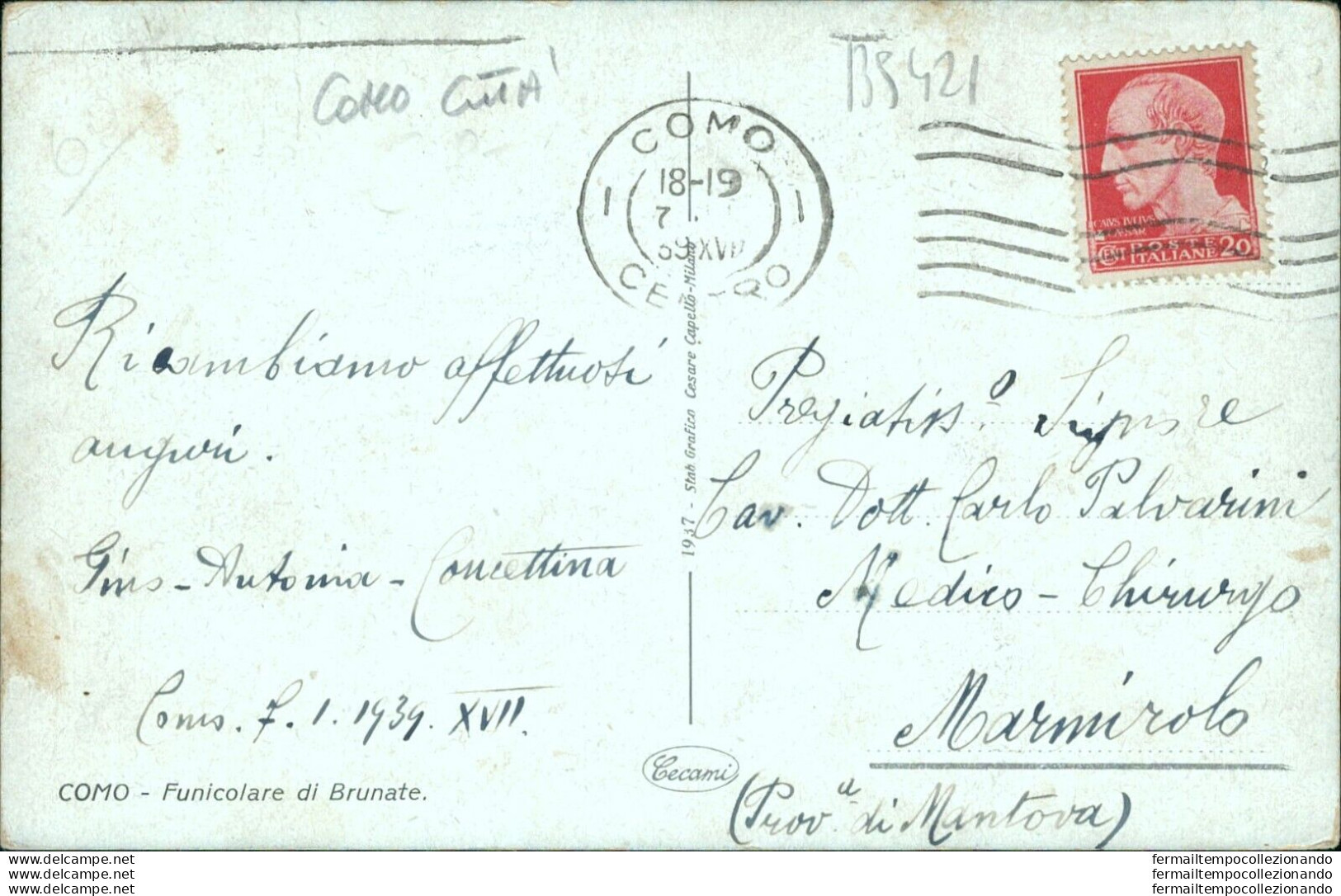 Bs421 Cartolina Como Funicolare Di Brunate 1939 Lombardia - Como