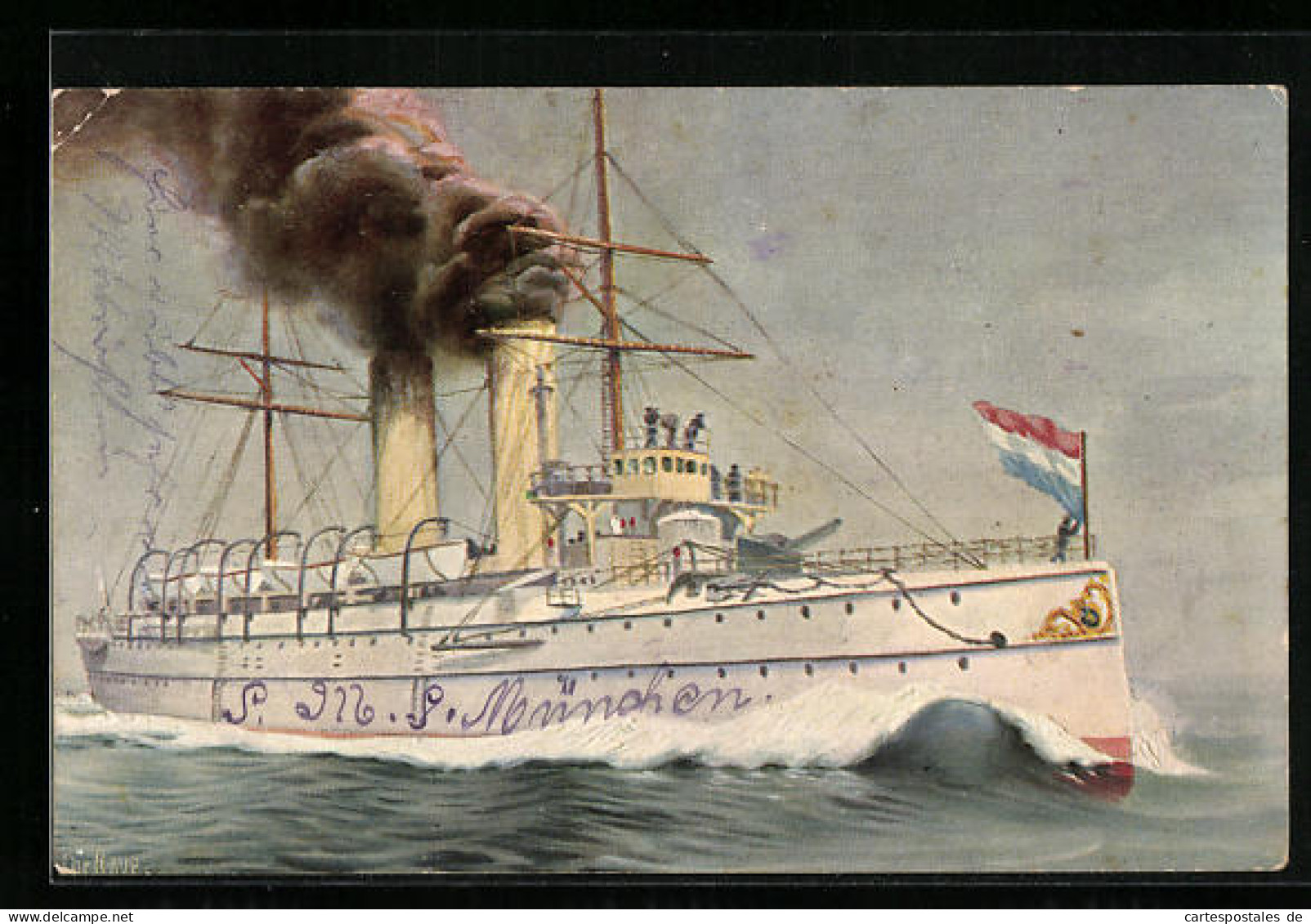 Künstler-AK Christopher Rave: Holländischer Kreuzer Nord Braband In Voller Fahrt, 1899  - Warships