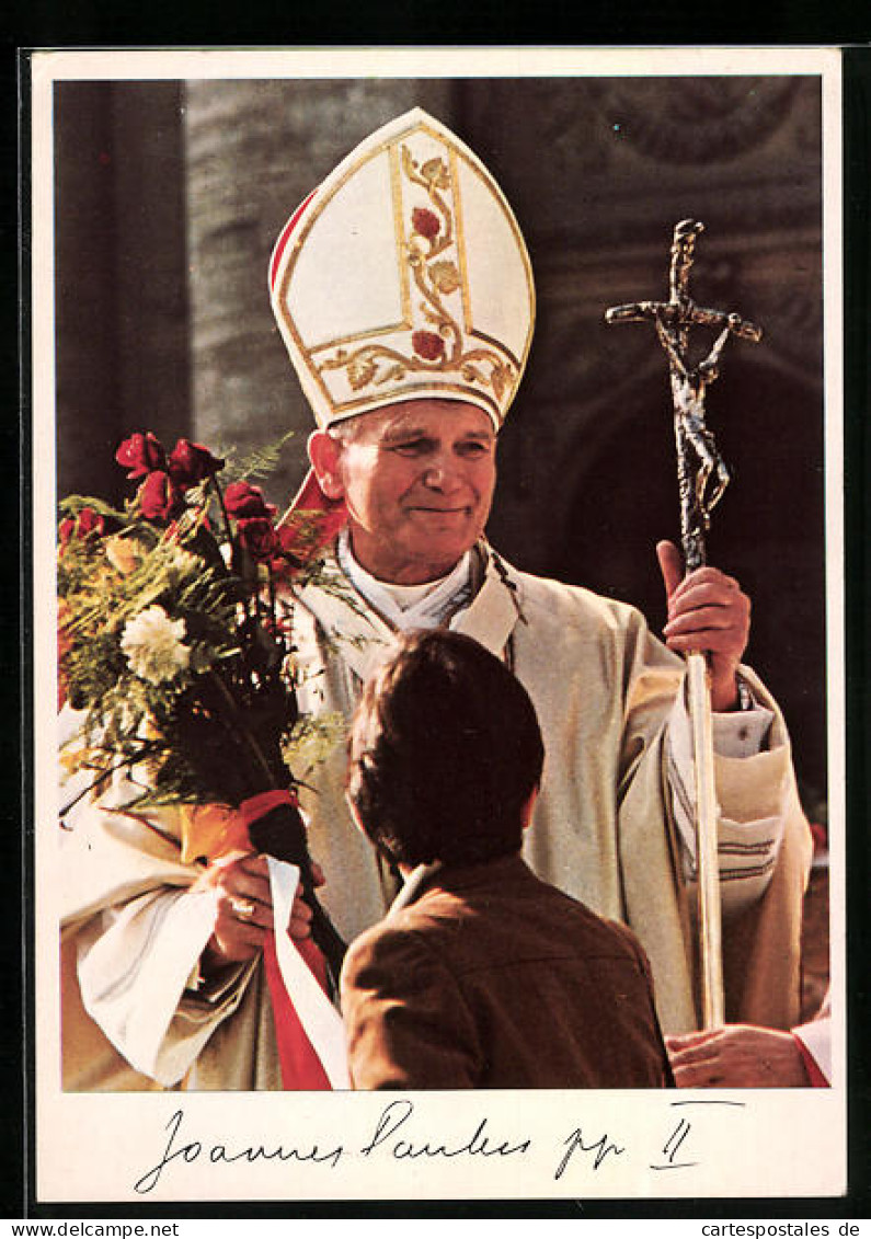 AK Papst Johannes Paul II. Mit Ferula, Mitra Und Blumenstrauss  - Päpste