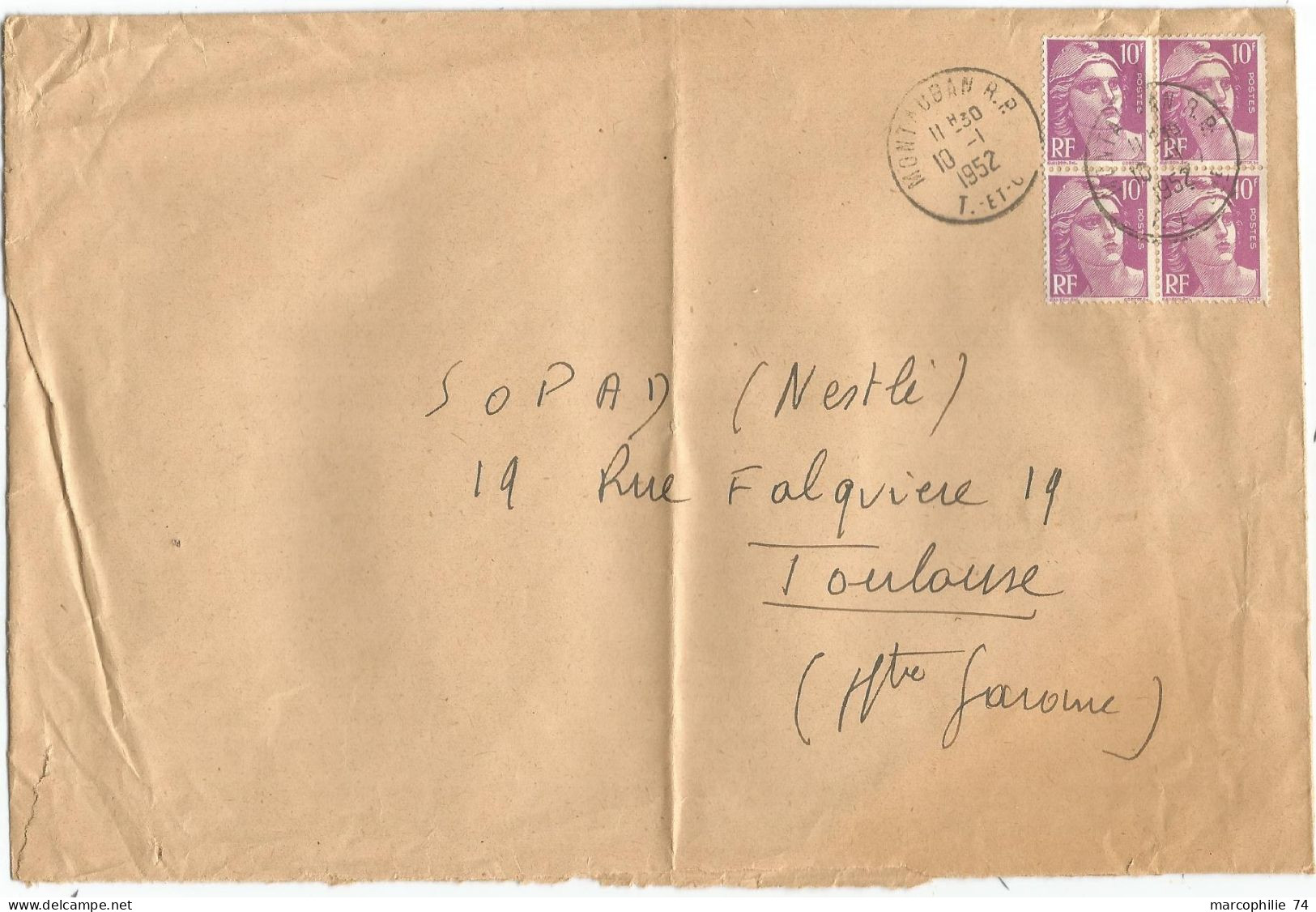 GANDON 10FR VIOLET BLOC DE 4 GRANDE LETTRE MONTAUBAN RP 10.1.1952 - 1945-54 Marianne Of Gandon