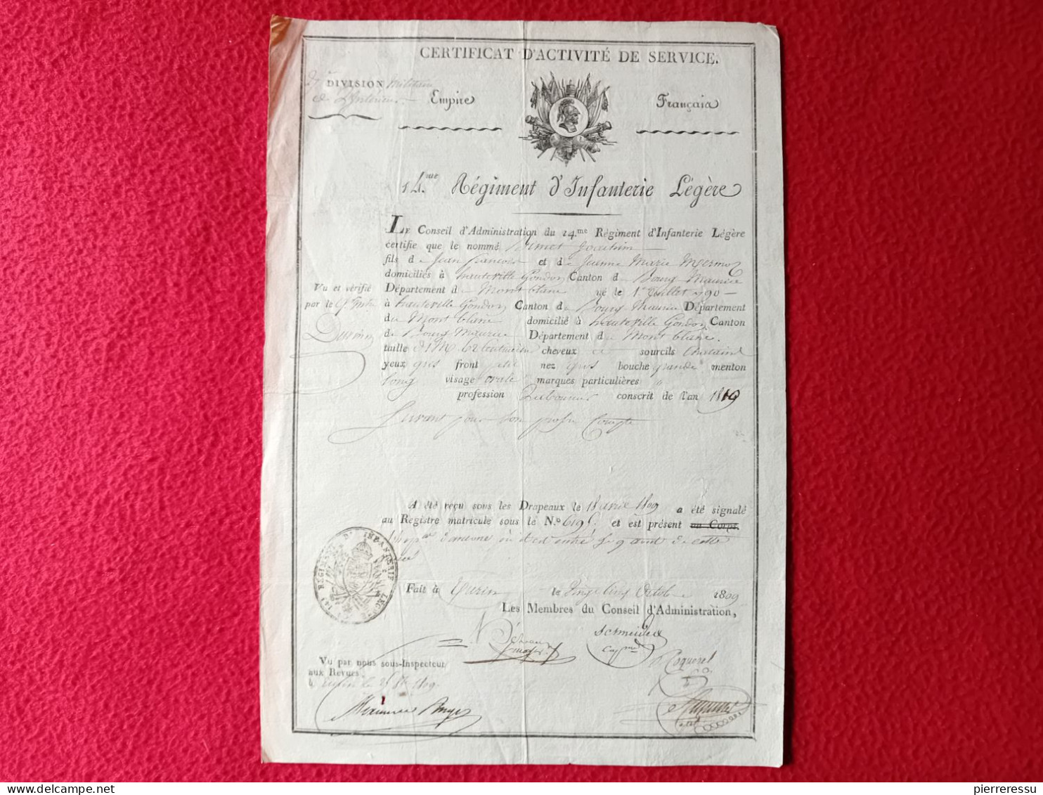 DIPLOME CERTIFICAT D ACTIVITE DE SERVICE A BIMET JOACHIM DE HAUTEVILLE GONDON AU 14 REGIMENT D INFANTERIE LEGERE 1809 - Diploma & School Reports