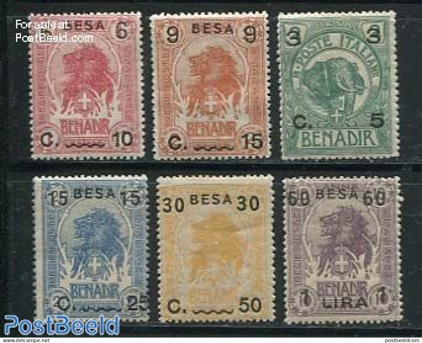 Italian Somalia 1922 Overprints 6v, Mint NH, Nature - Animals (others & Mixed) - Cat Family - Elephants - Wild Mammals - Andere & Zonder Classificatie