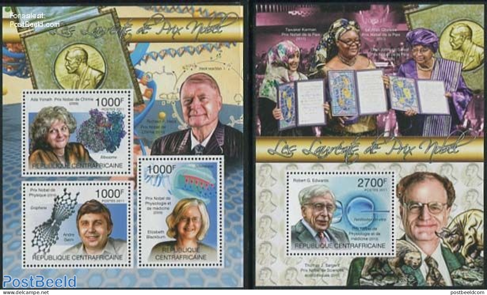 Central Africa 2011 Nobel Prize Winners 2 S/s, Mint NH, History - Nobel Prize Winners - Premio Nobel