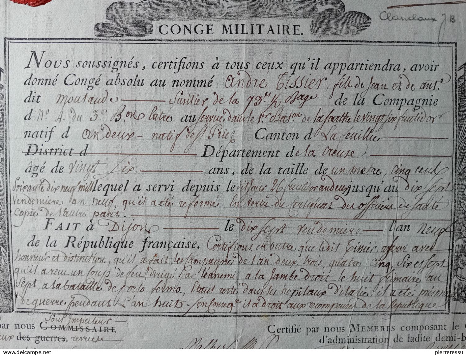 DIPLOME CONGE MILITAIRE A ANDRE TISSIER INFANTERIE DE LIGNE AUTOGRAPHES GENERAL CANCLAUX 1817 - Diplomas Y Calificaciones Escolares