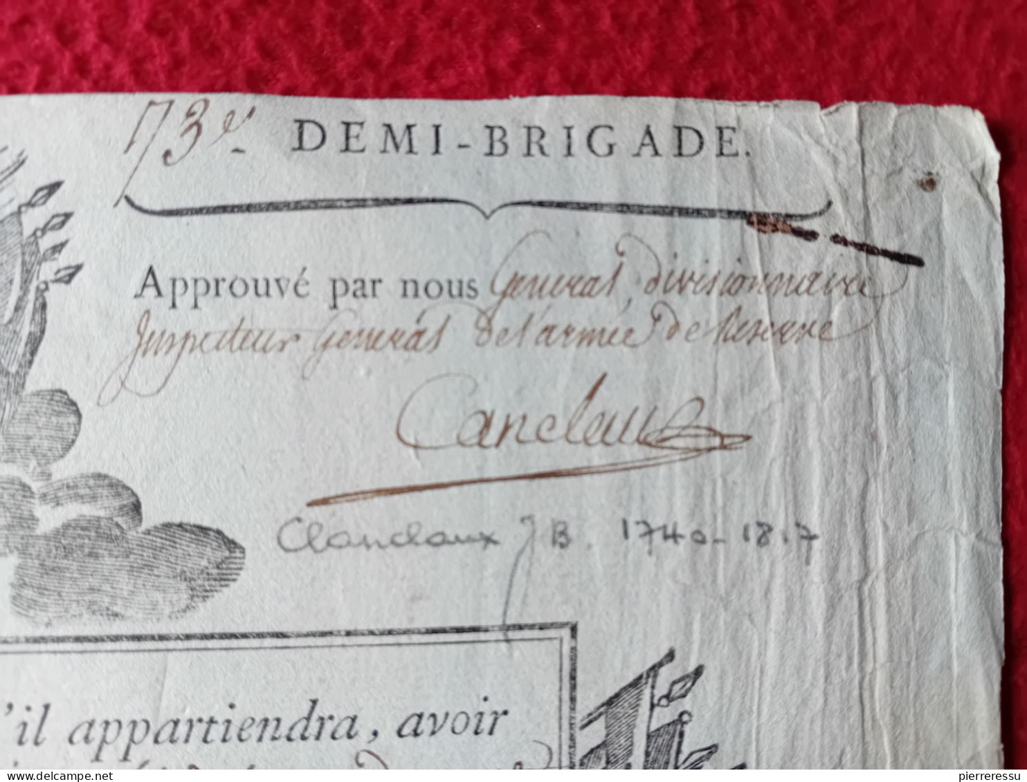 DIPLOME CONGE MILITAIRE A ANDRE TISSIER INFANTERIE DE LIGNE AUTOGRAPHES GENERAL CANCLAUX 1817 - Diploma & School Reports