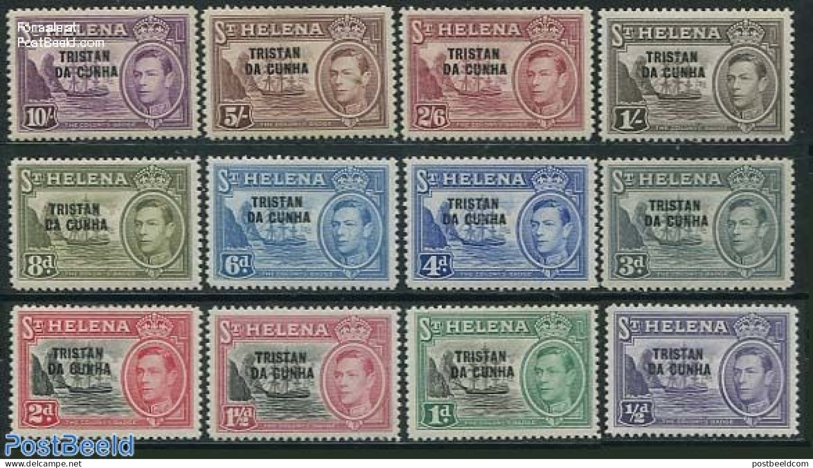 Tristan Da Cunha 1952 Definitives, Overprint On St.Helena Stamps 12v, Mint NH, Transport - Ships And Boats - Ships