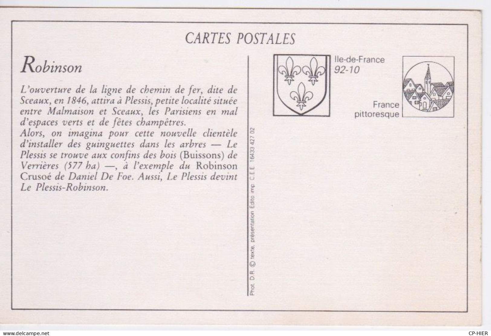 92 - LE PLESSIS OBINSON -  LE RESTAURANT DU PAVILLON LAFONTAINE  - COPIE  REPRODUCTION CPA - Le Plessis Robinson