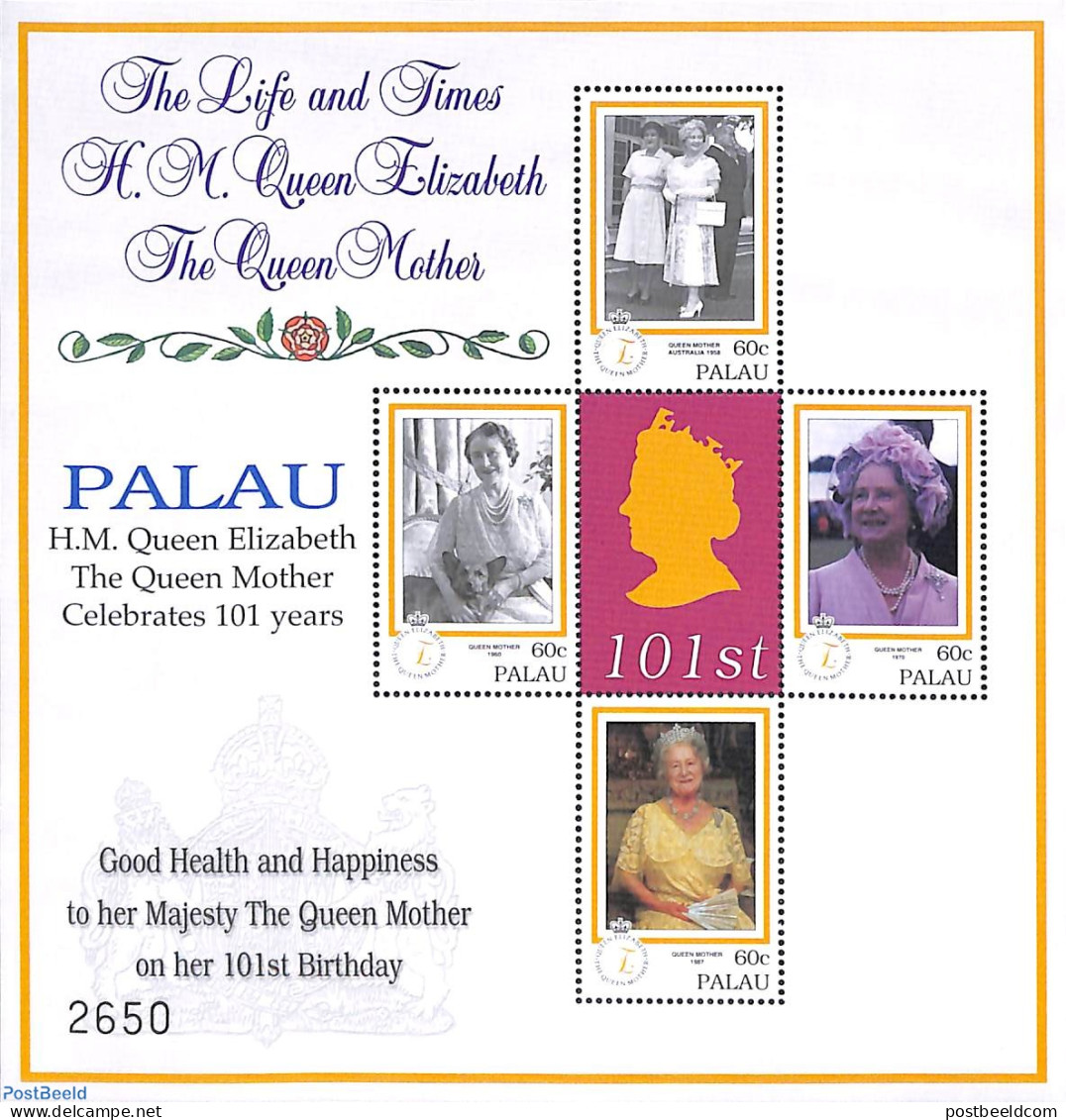 Palau 2001 Queen Mother 4v M/s, Mint NH, History - Kings & Queens (Royalty) - Koniklijke Families