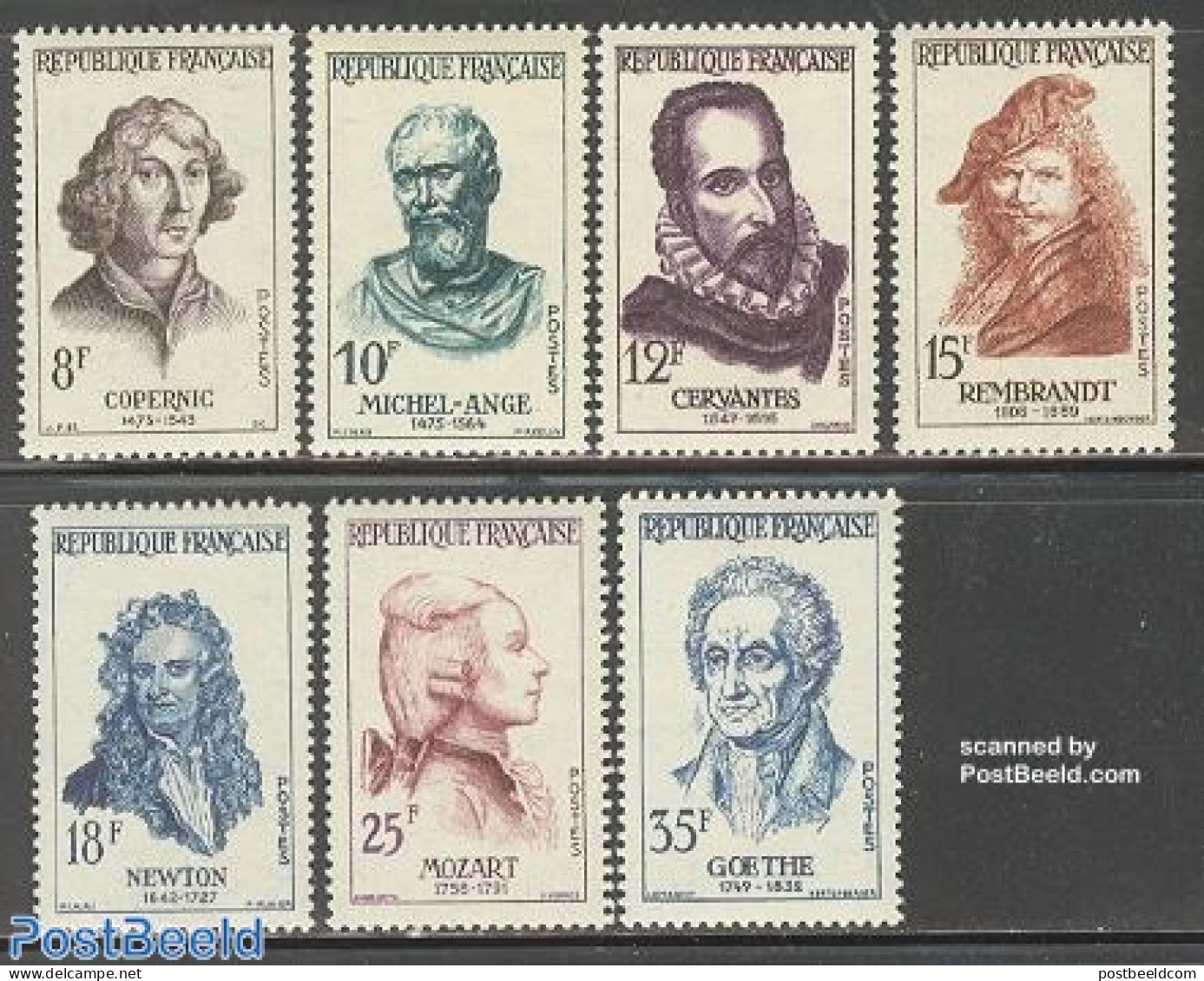 France 1957 Famous Persons 7v, Mint NH, History - Performance Art - Science - Netherlands & Dutch - Amadeus Mozart - M.. - Unused Stamps