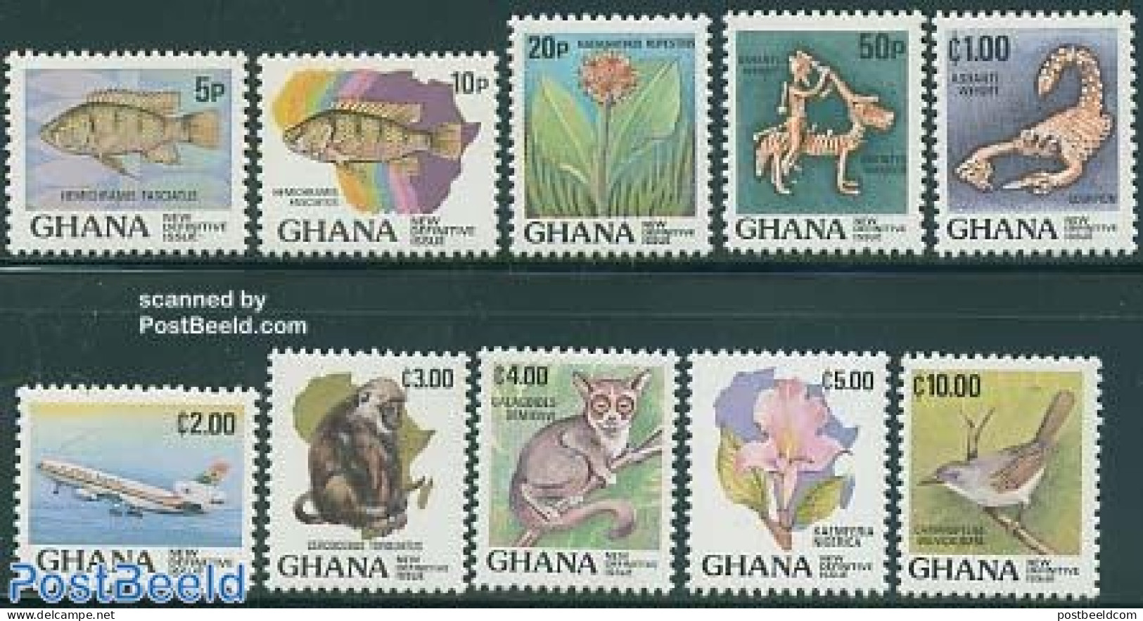 Ghana 1983 Definitives 10v, Mint NH, Nature - Transport - Various - Birds - Fish - Monkeys - Aircraft & Aviation - Maps - Fishes