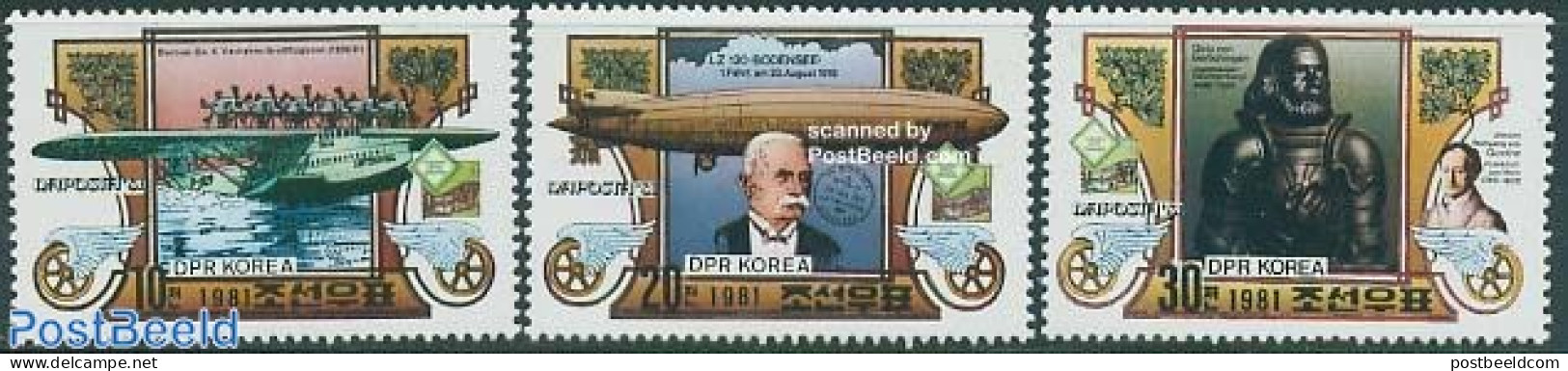 Korea, North 1981 Naposta 3v, Mint NH, History - Transport - Aircraft & Aviation - Zeppelins - Vliegtuigen