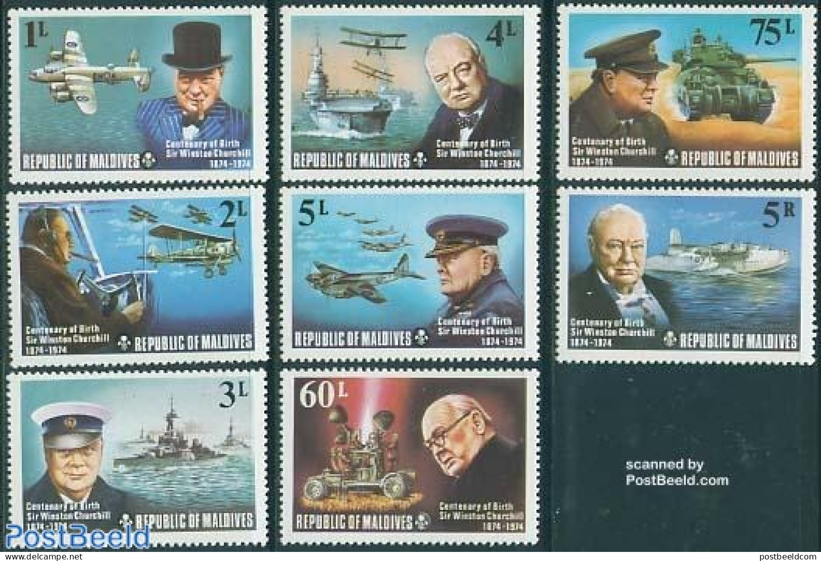 Maldives 1974 Sir Winston Churchill 8v, Mint NH, History - Transport - Churchill - Militarism - Aircraft & Aviation - .. - Sir Winston Churchill