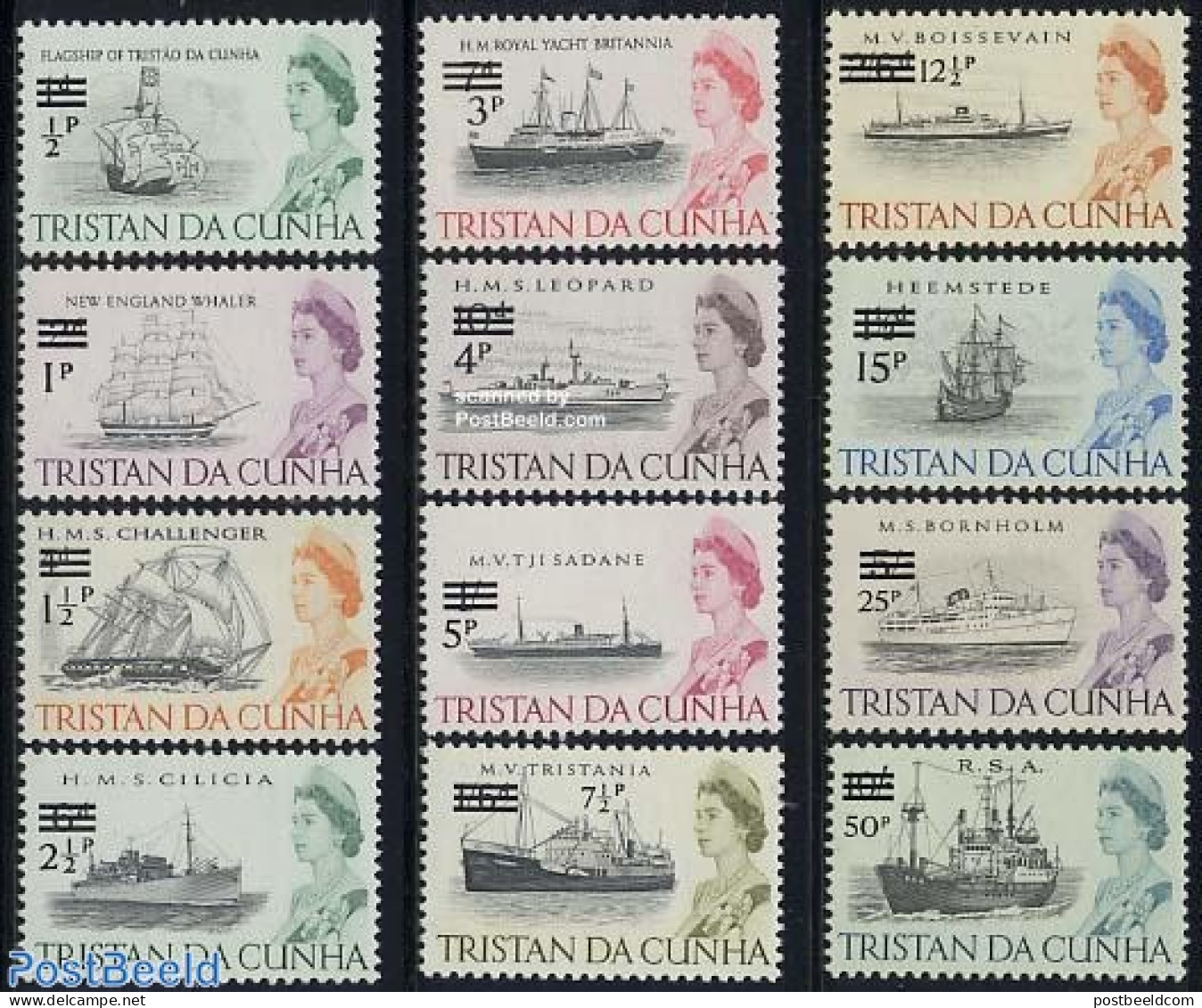 Tristan Da Cunha 1971 Definitives, Ships, Overprinted 12v, Mint NH, Transport - Ships And Boats - Schiffe