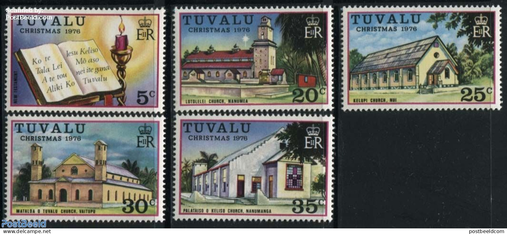 Tuvalu 1976 Christmas 5v, Mint NH, Religion - Christmas - Churches, Temples, Mosques, Synagogues - Kerstmis