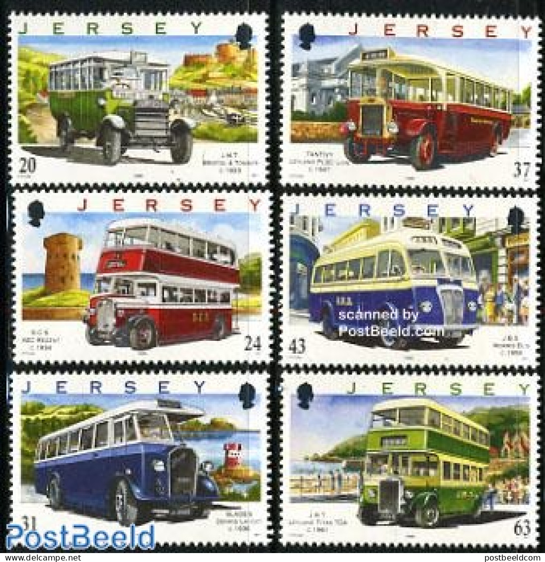 Jersey 1998 Auto Buses 6v, Mint NH, Transport - Automobiles - Auto's