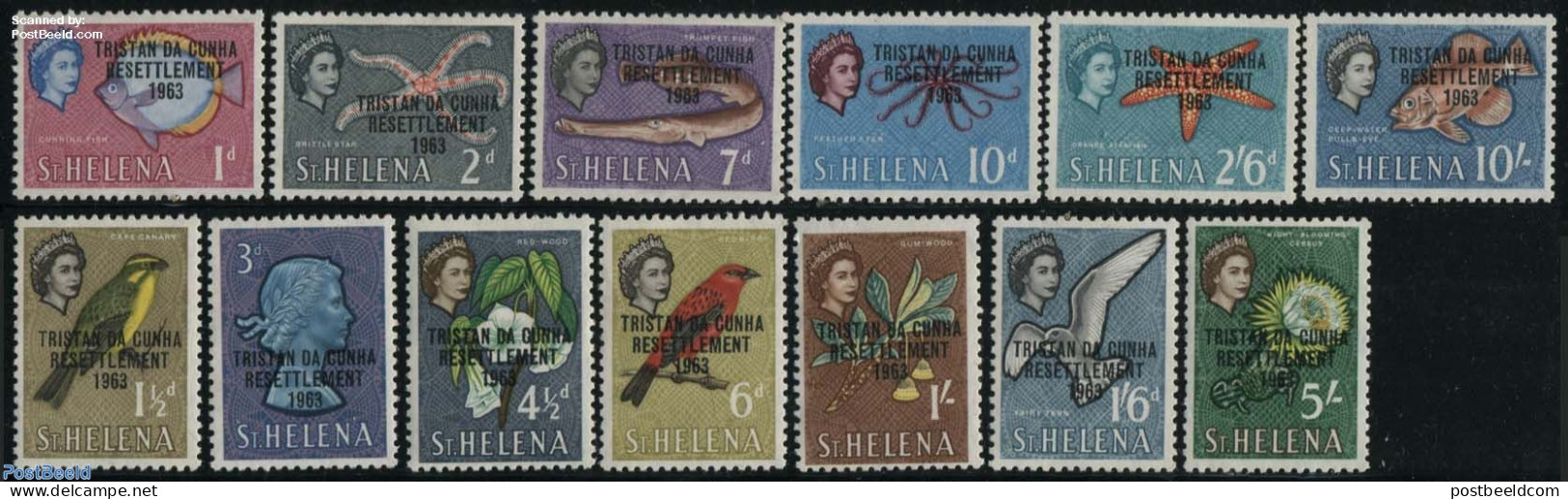 Tristan Da Cunha 1963 Overprints On St.Helena Stamps 13v, Mint NH, Nature - Birds - Fish - Pigeons - Fishes
