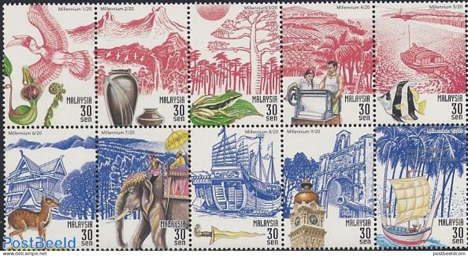 Malaysia 1999 The Year 2000 10v [++++], Mint NH, Nature - Transport - Various - Birds - Elephants - Fish - Frogs & Toa.. - Fishes