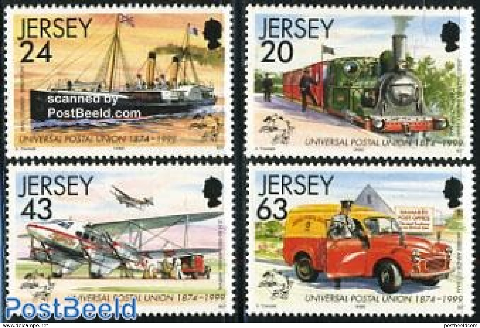 Jersey 1999 125 Years UPU 4v, Mint NH, Transport - Post - U.P.U. - Automobiles - Aircraft & Aviation - Railways - Ship.. - Post