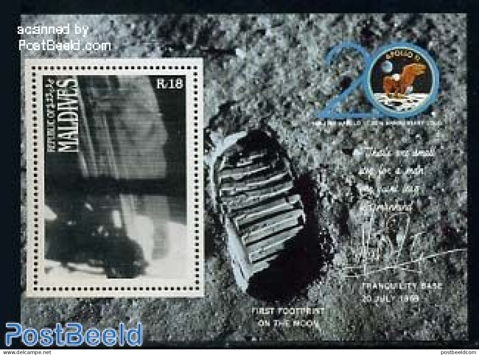 Maldives 1989 Moonlanding Anniversary S/s, Mint NH, Transport - Space Exploration - Maldive (1965-...)